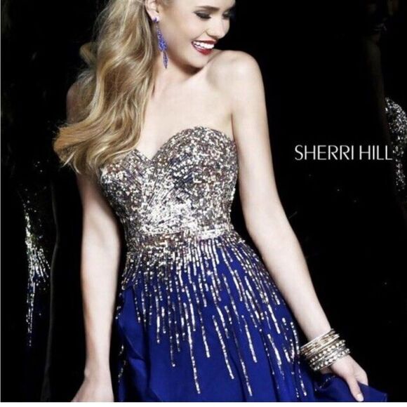 Sherri Hill Style 8443 Sequin Cobalt Royal Blue Short Strapless Prom‎ Dress 0 - Picture 2 of 12